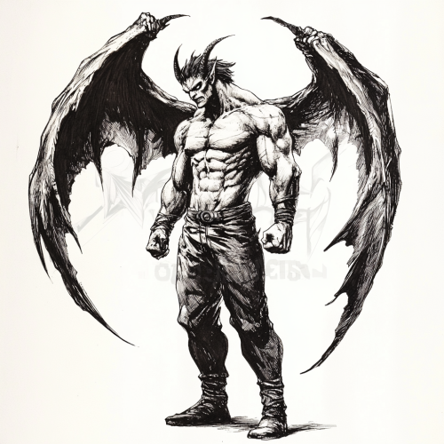 A muscular demon with large wings reaching upwards. A muscular demon with large wings reaching upwards.