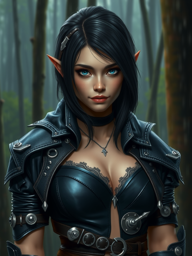 A mysterious female elf rogue in black armor