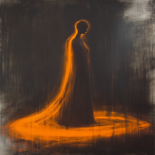 A mysterious figure in glowing orange gown peacefully watches A mysterious figure in glowing orange gown peacefully watches