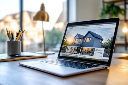 A neat desk with laptop showing property pictures