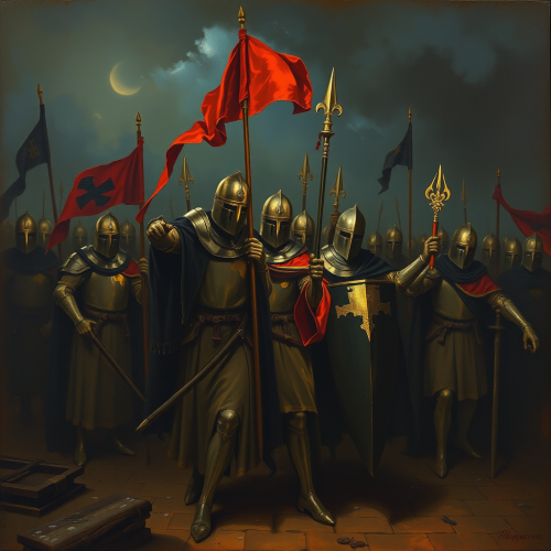 A painted picture of the Knights Templar at night.