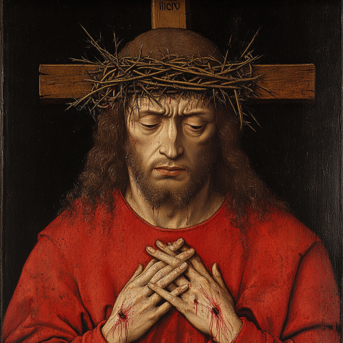 A painting of Jesus with extra arms on cross