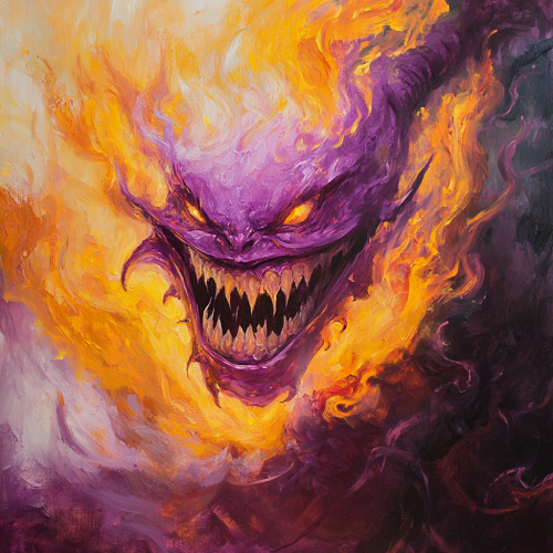 A painting of a smiling fiery purple demon