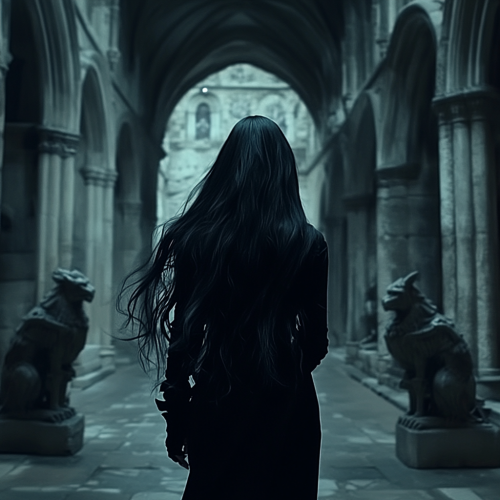 A pale vampire woman with long hair in castle.
