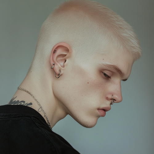 A pale young man with piercings in profile