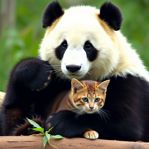A panda and cat are cuddling together peacefully.