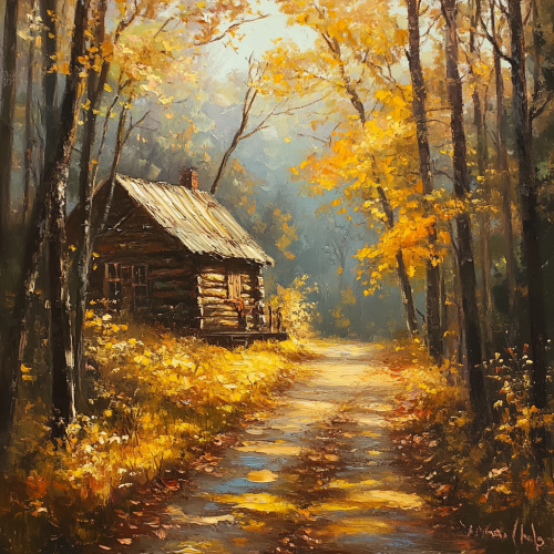A peaceful autumn forest path with cozy cabin