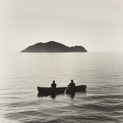 Black and white photograph of two people rowing a boat