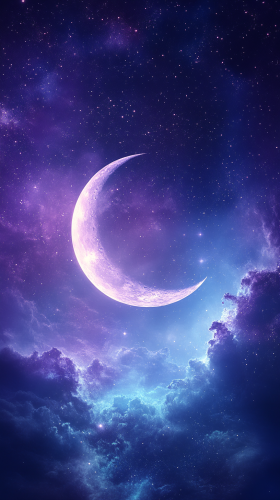 A peaceful night sky with stars and crescent moon