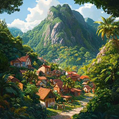A peaceful village at the foot of a mountain