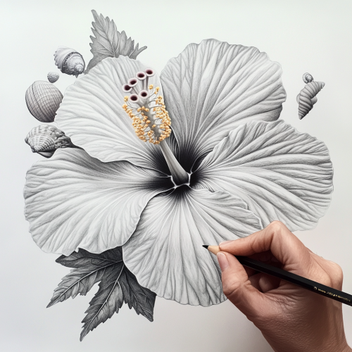 A pencil drawing of hibicus flower with sea creatures