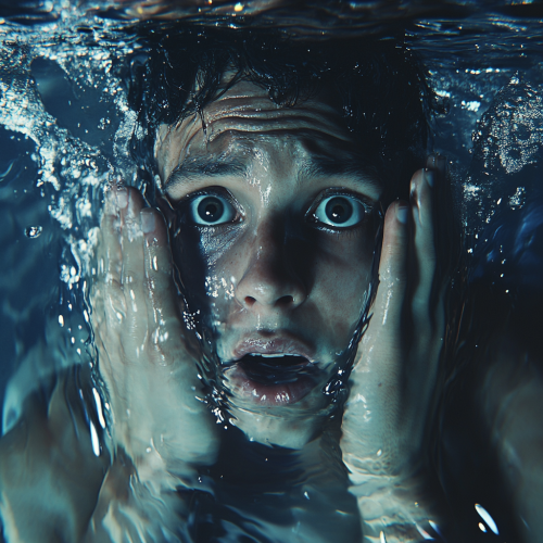 A person floating underwater, eyes wide open in fear