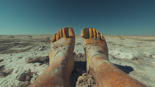 A person in flip-flops stands on the moon