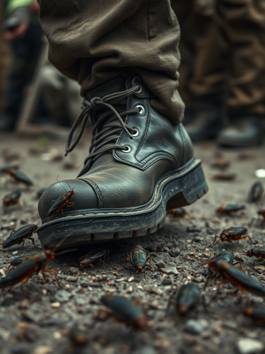 A person in war shoes crushes cockroaches