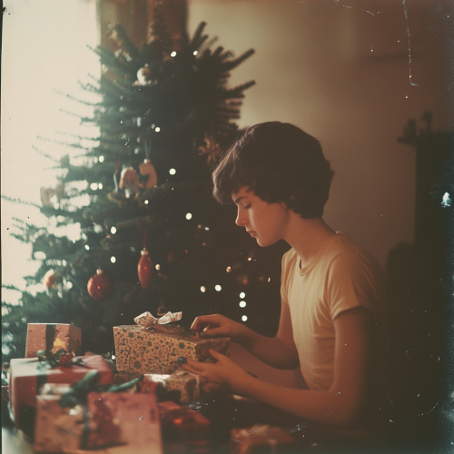 A person opening gifts at Christmas in 80s