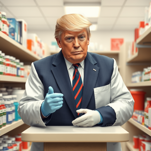 A pharmacist named Trump dispensing medicine.