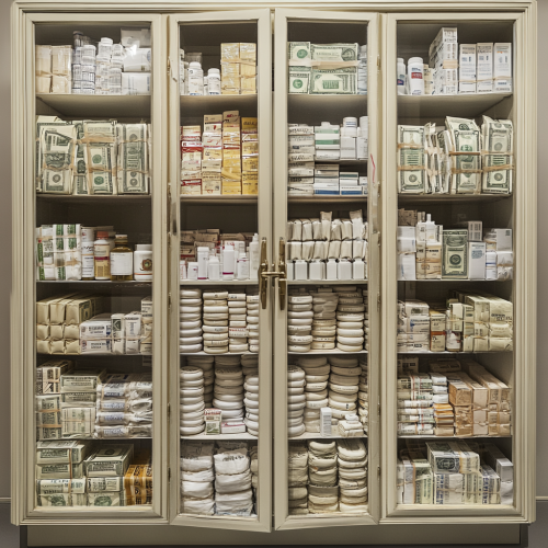 A pharmacy cabinet filled with money and medicine A pharmacy cabinet filled with money and medicine