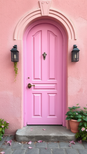 A pink fantasy door in a magical world.