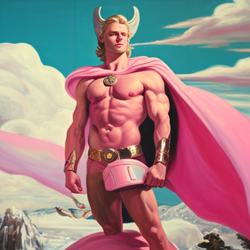 A pink leather-clad God Thor in surreal landscape.
