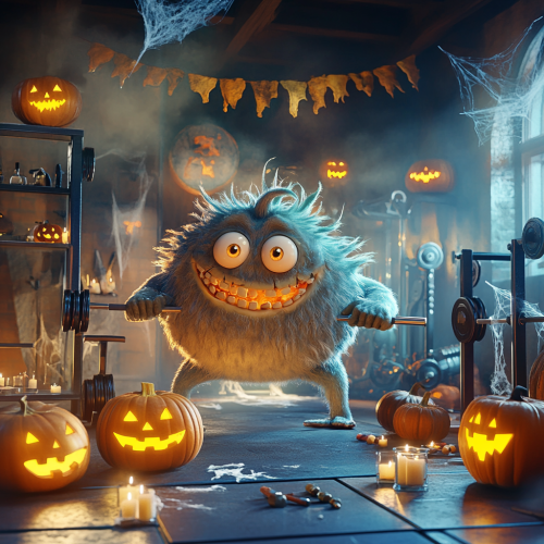 A playful monster lifting weights in spooky gym