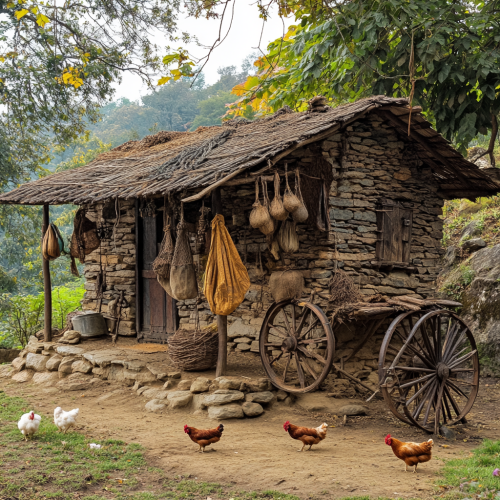 A poor man's hut in 1940s Indian village