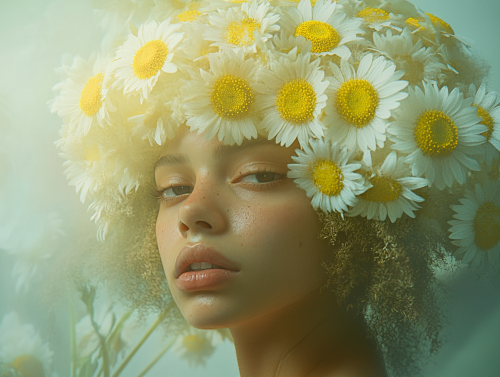 A portrait of a woman with floral patterns