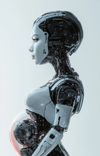 A pregnant robot with transparent belly showing fetus