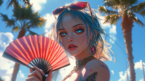A pretty girl with blue eyes and fan in anime style. A pretty girl with blue eyes and fan in anime style.