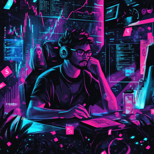 A professional coder in stylish office with money symbols A professional coder in stylish office with money symbols