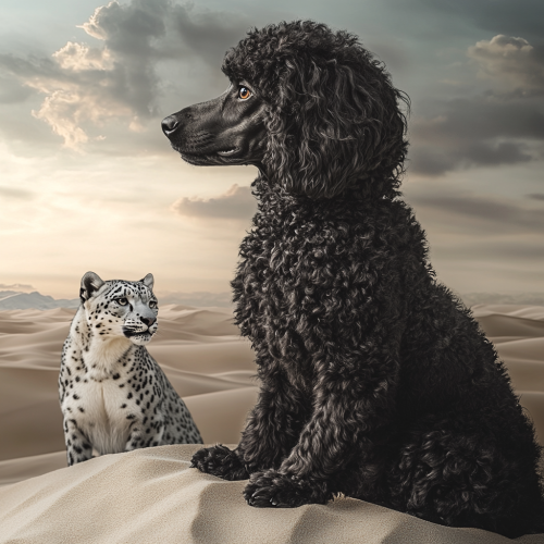 A professional photo of a poodle and a leopard.