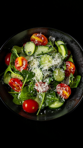 A professional salad bowl: tomatoes, cucumbers, spinach, parmesan