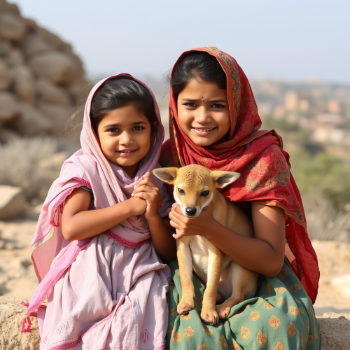 A rabbit and a girl playing together happily.
