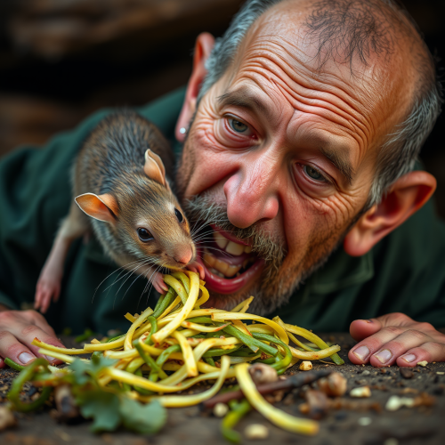 A rat is eating a man's food.