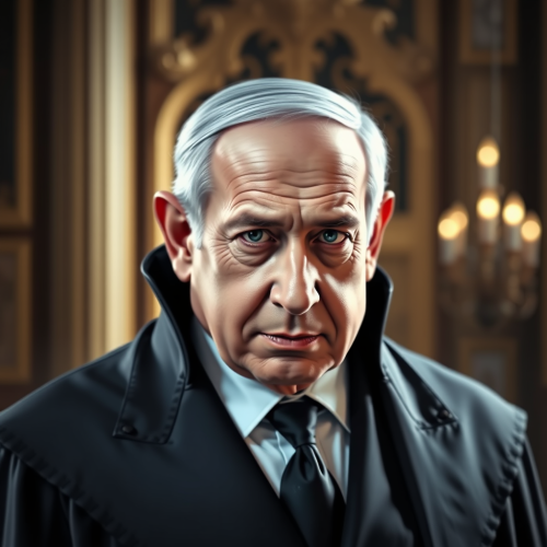 A realistic Benjamin Netanyahu dressed as Dracula.