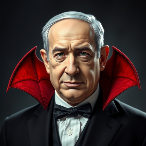 A realistic Benjamin Netanyahu in Dracula costume.