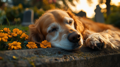 A realistic close-up image shows a sad dog