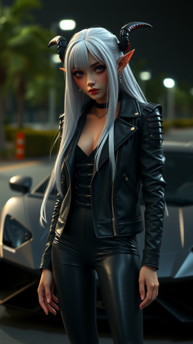 A realistic elf girl near a Lamborghini car.