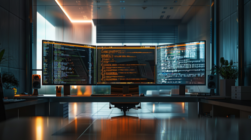 A realistic office with computer screens showing code