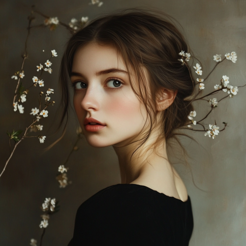 A realistic painting of a female with flowers