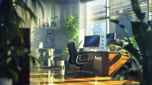 A realistic photo of a bright glass office