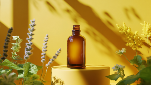 A realistic photo of a brown bottle surrounded by flowers
