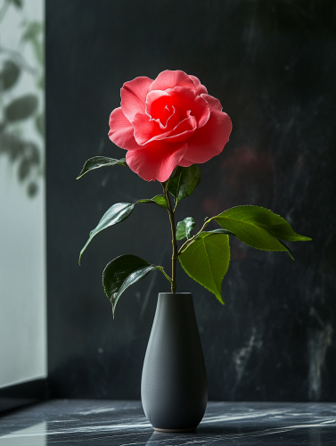 A realistic photo of a camelia flower vase