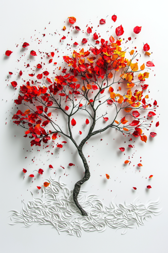 A realistic tree with red, green, yellow leaves.