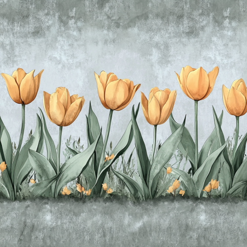 A realistic watercolor of yellow tulips in a row A realistic watercolor of yellow tulips in a row
