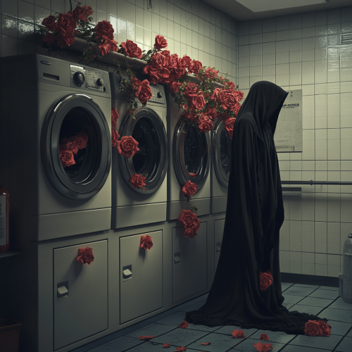 A reaper in laundry room with rose-filled machines