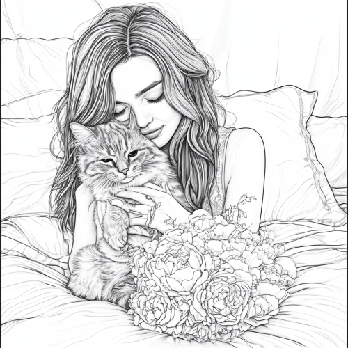 A romantic girl with fluffy cat and peonies, Coloring Page