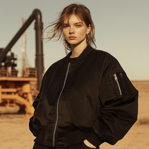 A roughneck model in black bomber jacket