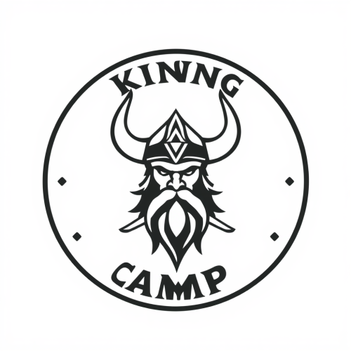 A round black and white Viking camp logo.