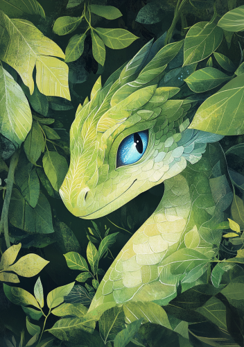 A sad green dragon in lush nature
