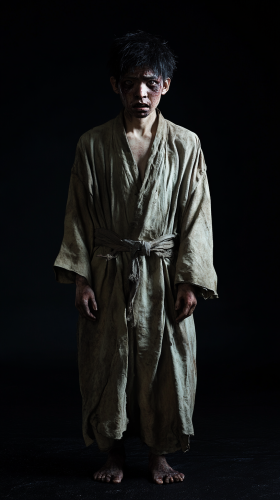 A scared Japanese man in old clothes